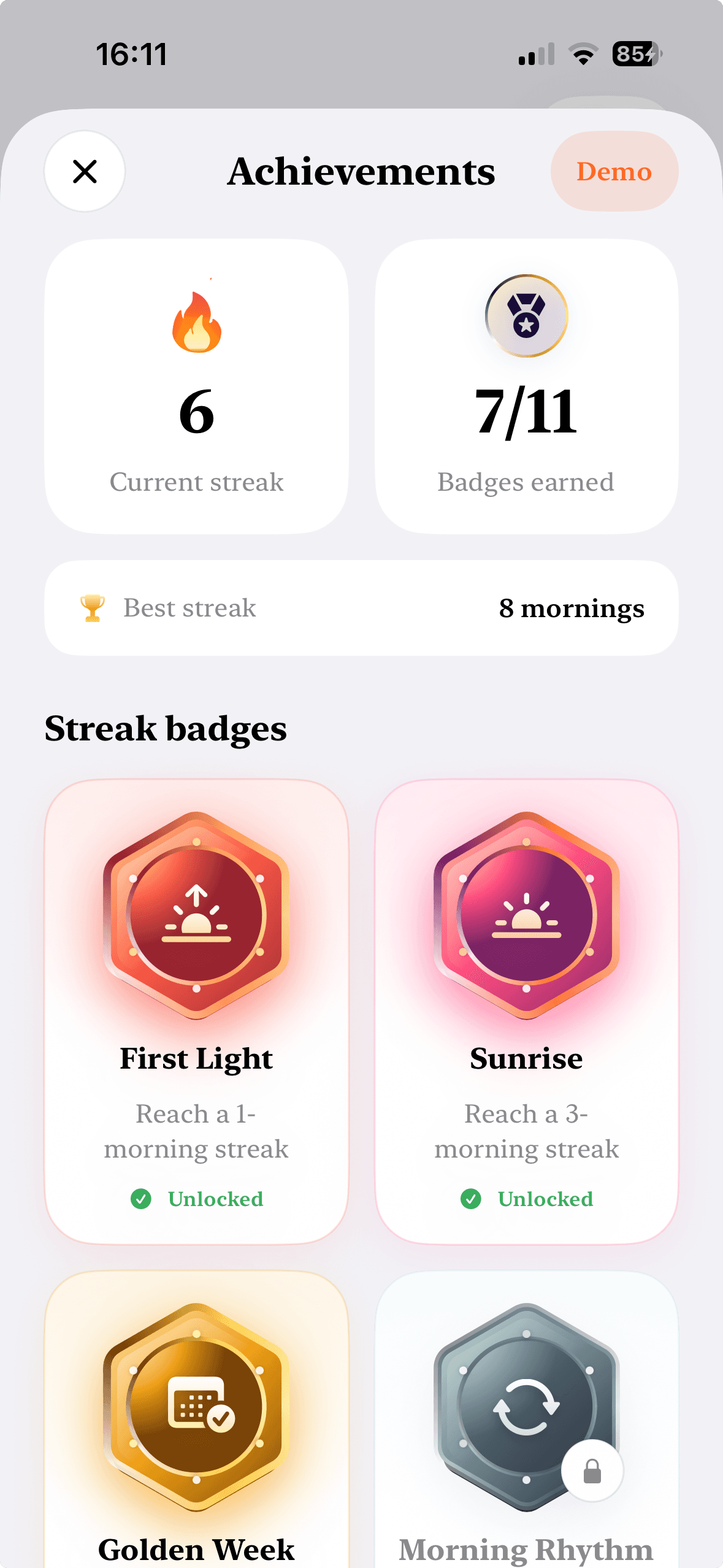 EarlyUp achievements screen showing streak badges