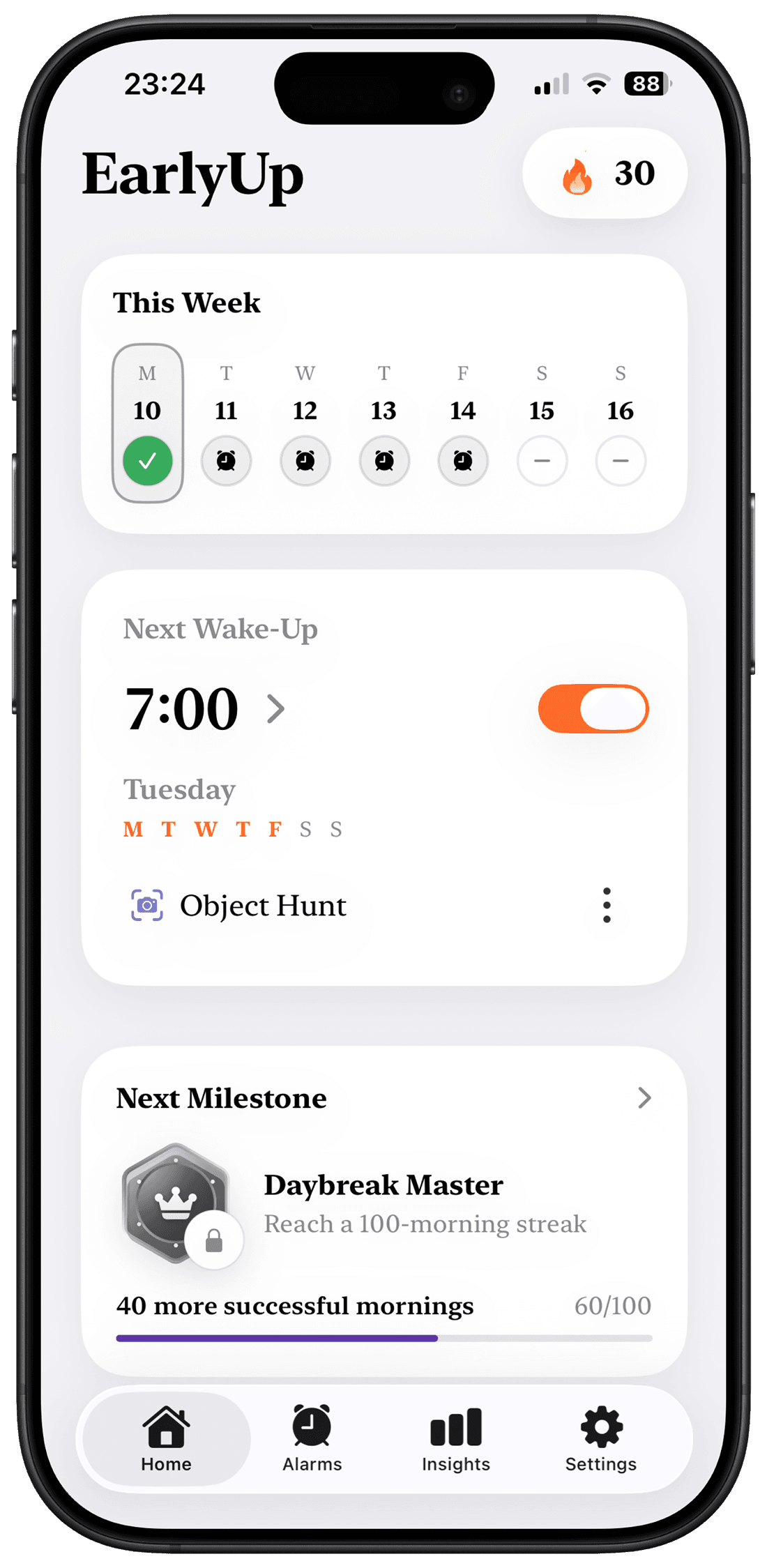 EarlyUp home screen showing a weekly alarm schedule