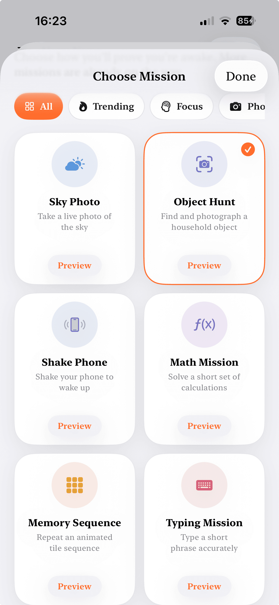 EarlyUp mission picker with Object Hunt selected